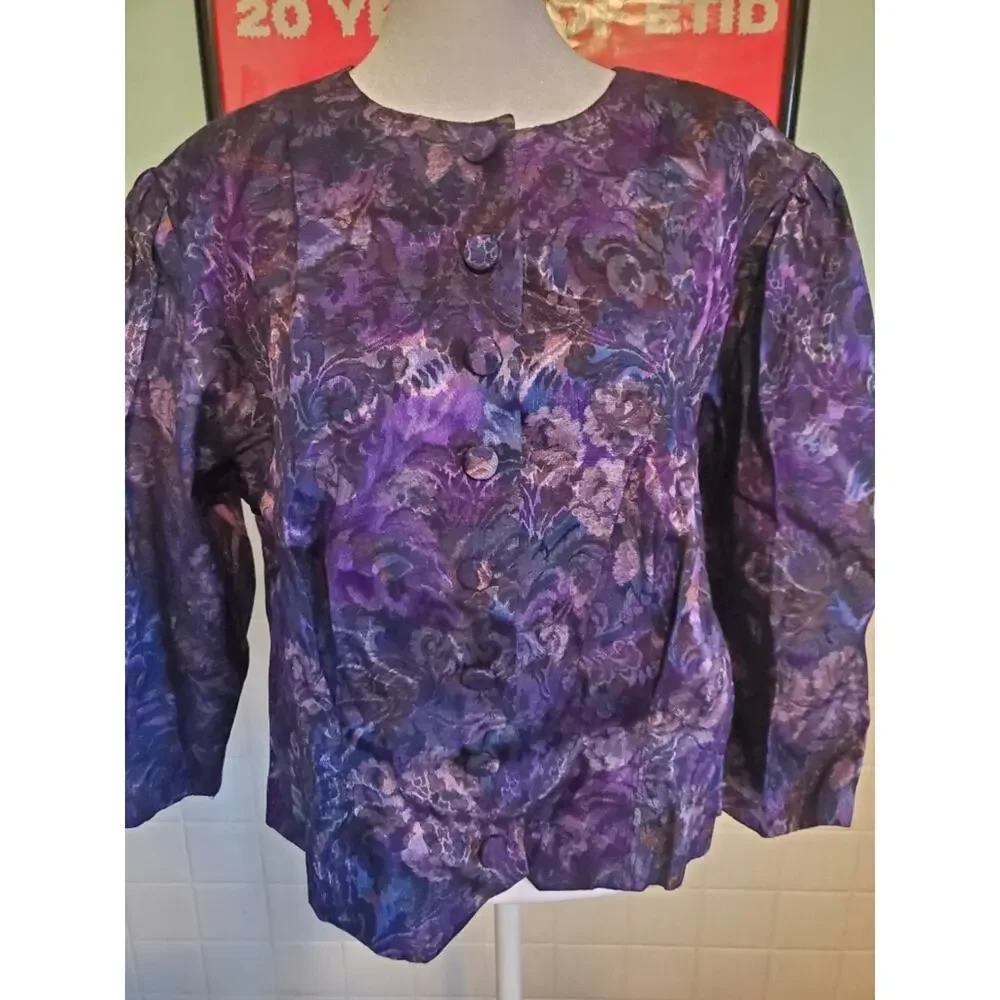 Vintage 80s Purple Floral Button Button Up Blazer and Matching Midi Skirt Set - Picture 9 of 14